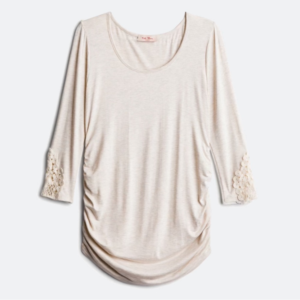 NWT Maternity Full Moon Geralyn Crochet Detail Ruched Knit Top small stitch fix